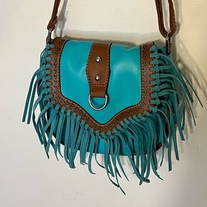 Fringed Teal and Brown Crossbody Bag